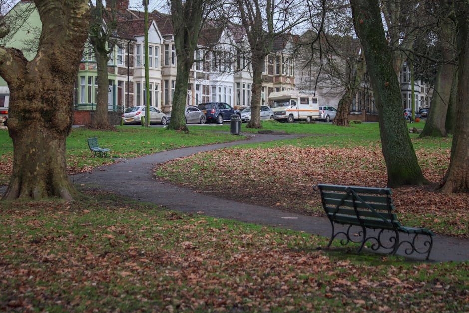 A public park with several mature trees and a winding paved footpath, covered in fallen leaves, suggesting an autumn setting. In the foreground, there is a green metal park bench with a decorative backrest positioned along the path, and another similar bench is visible further down the winding path. Behind the tables, there are residential buildings with bay windows and multiple parked cars lining the street, including a white van that appears to be part of a house removal or moving process. The scene is lit by natural daylight, and the area looks quiet and well-maintained, suitable for outdoor relaxation or casual walking. This environment exemplifies a typical neighbourhood setting where a professional removals company such as Man and Van Crofton Park might facilitate home relocation, furniture transport, or packing and moving activities, often involving careful loading of belongings into a van parked nearby, just out of view.